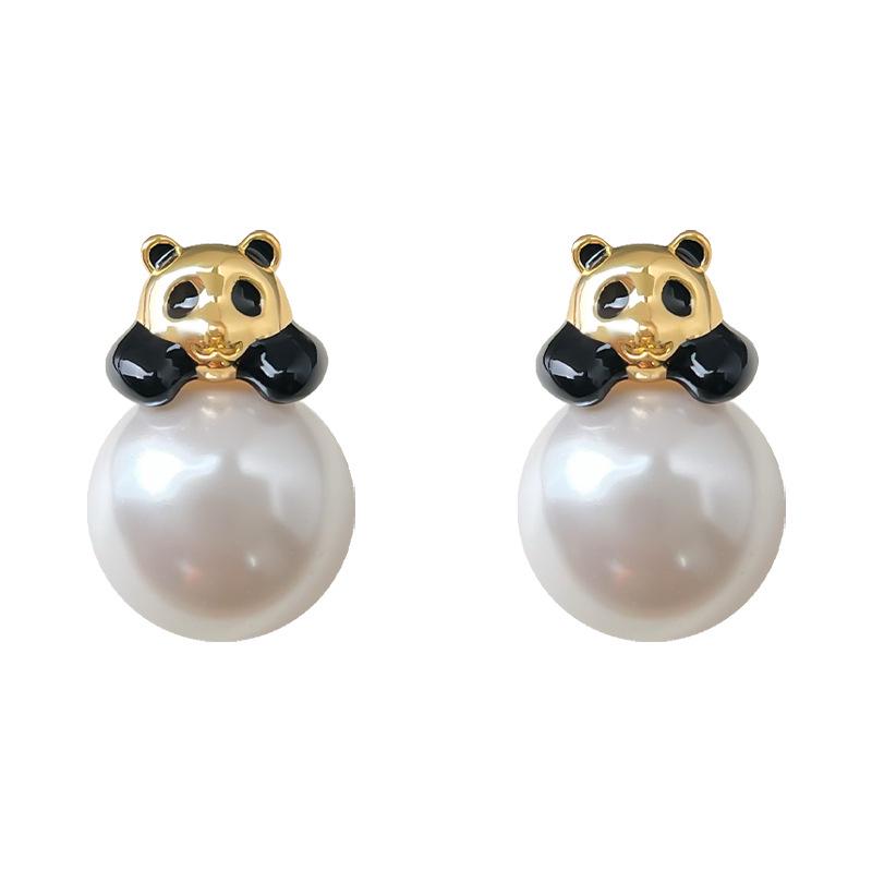 Designer 18k Gold Panda Pearl Stud Earrings: Creative Niche, Luxury Style