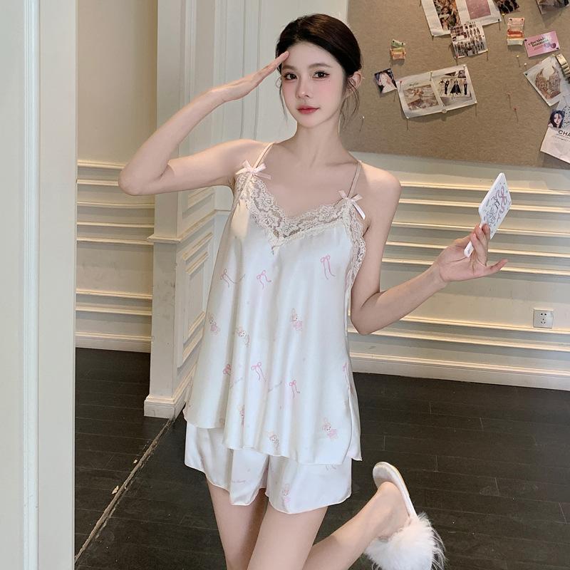 Ice Silk Women's Spring and Autumn Pajamas, Summer Sexy Suspender Shorts, Thin Simulated Silk Two-piece Set, Homewear