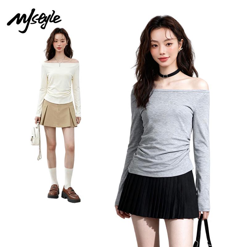 MJ STYLE Asymmetric Neck Long Sleeve T-Shirt S хизер серый