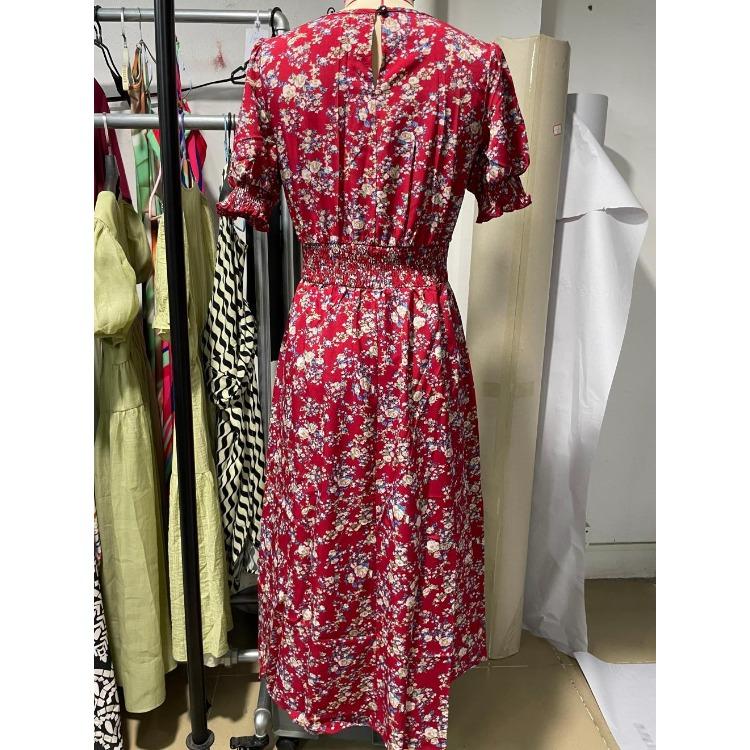 Women Summer Puff Sleeve High Waist Floral Midi Vacation Print Long Comfortable Lightweight High Recognition Elegant with Flattering Chic Dress
