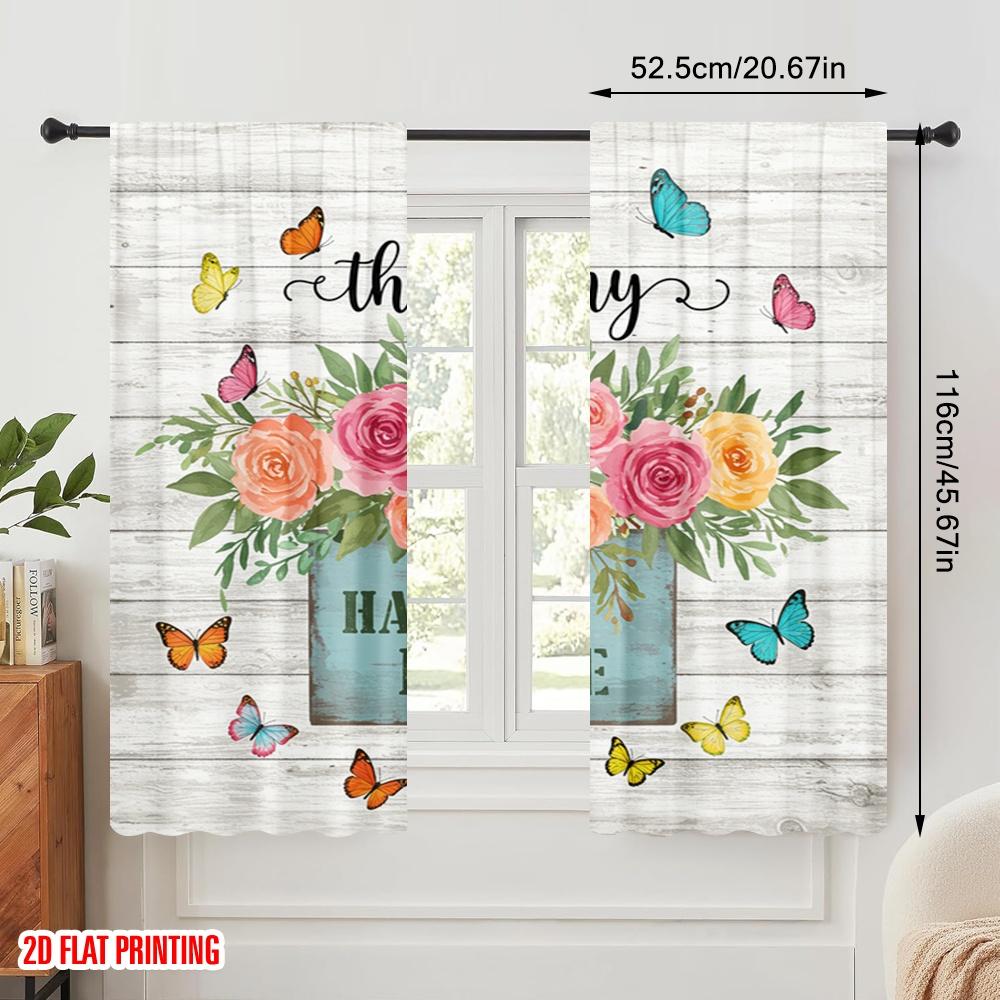 2pcs 2D flat printing Curtain Floral Butterflies Happy Place Sign Polyester Without Electricity Festive Curtains Perfect for