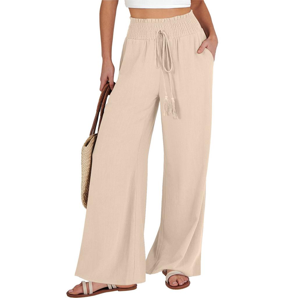 Women's Casual Fashion Colour Cotton Linen Casual Pants Wide Leg Trousers Sweatpants With Pockets