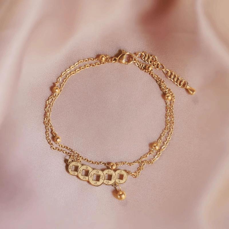 Trendy 2025 Retro Double Layer Anklet with Copper Coins Pendant for Women