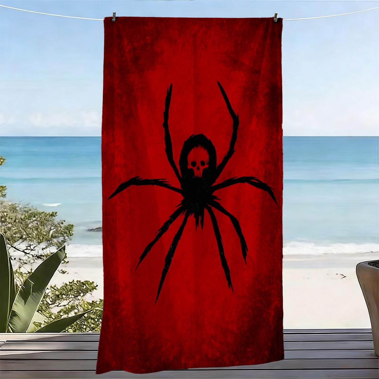 Gothic Skull Spider Beach Towel, Red Background Black Spider Skull Print Oversized Bath Towel, Dry Edgy Summer Beach Blanket W30*H60(CM)