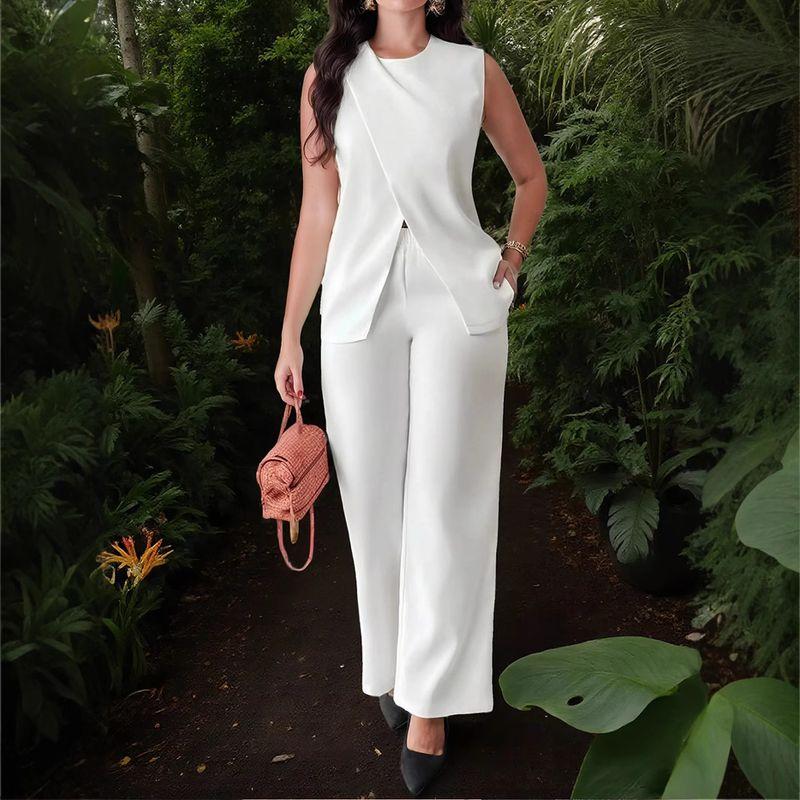 

Long Pants Casual Suit European and American Solid Top Sleeve Belt Two-piece Set Trousers Casual Set Women White M