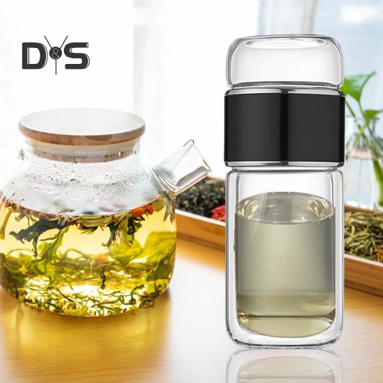 Tee-Ei-Flasche aus Glas, doppelschichtige Isolierung, tragbarer Reise-Teekocher mit Filter, 300 ml, auslaufsicherer Trinkbecher für Aktivitäten im Homeoffice und im Freien