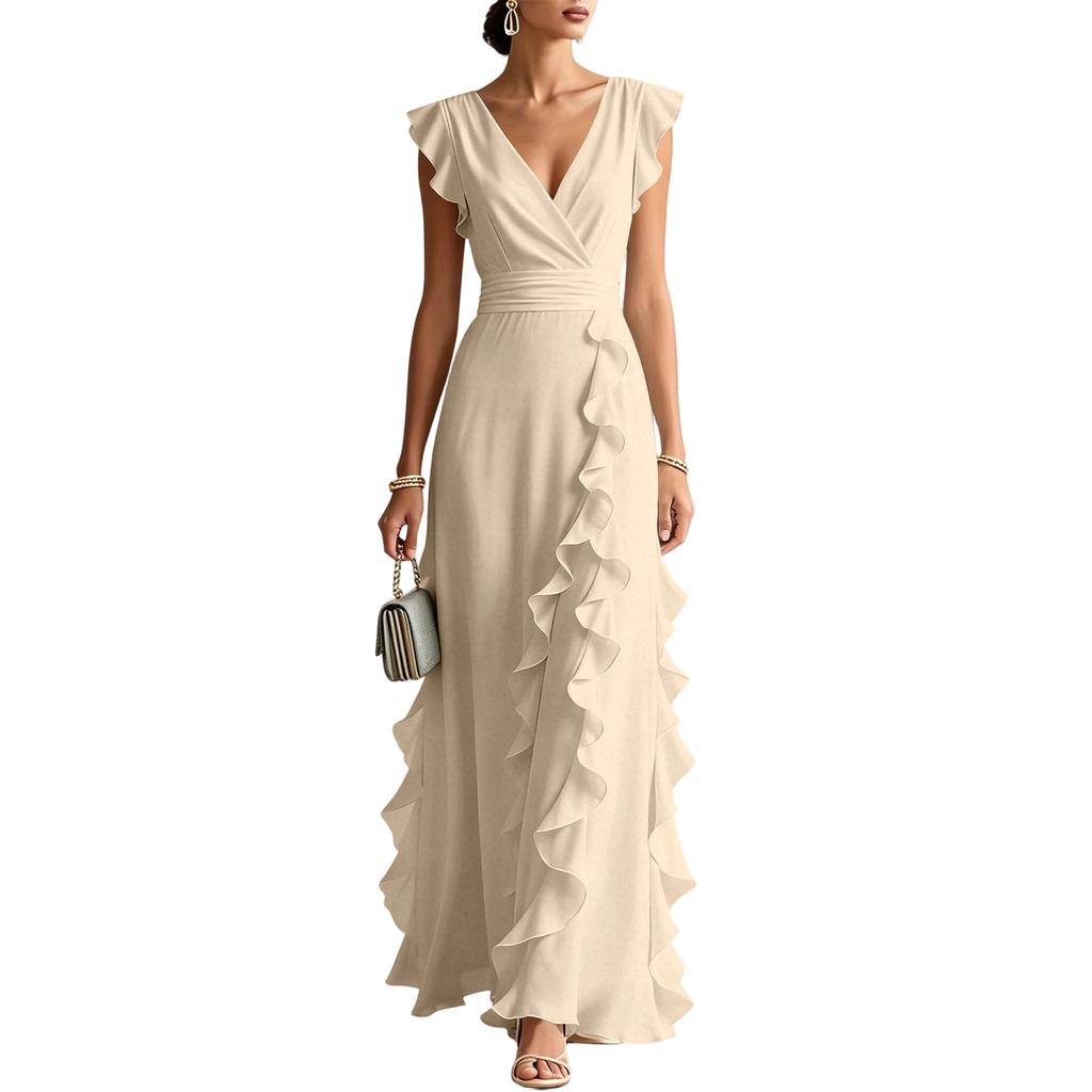 Women V Neck Short Sleeve Ruffle Hem Ruched Maxi Dress with Waist for Formal and Evening Occasions