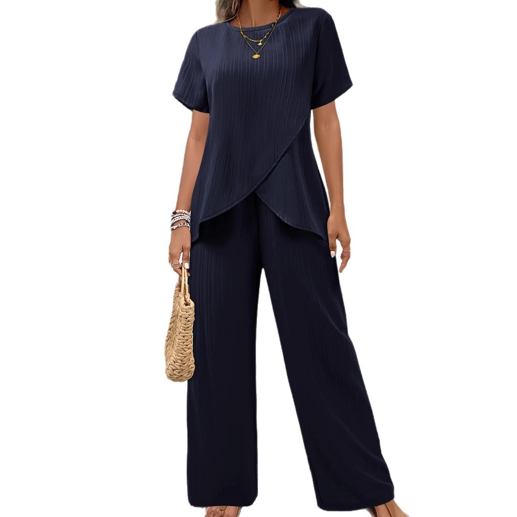 Cross-border 2026 European and American New Women's Clothing Fashion Casual Cross Large Size Irregular Summer Suit Wide-leg Pants Suit