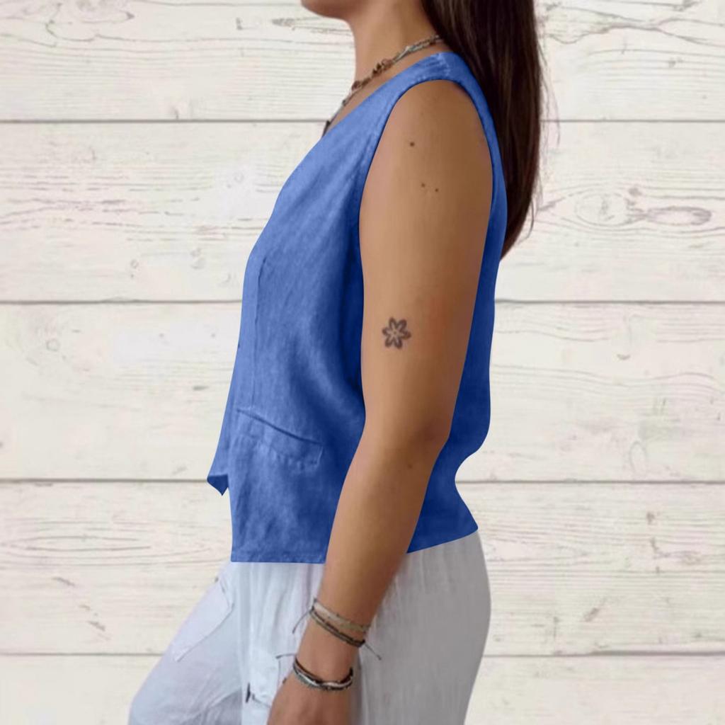 Dámská ležérní jednobarevná bavlněná a lněná vesta na knoflíky bez rukávů