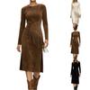 Women's Color Suede Retro Western Round Neck Slim Fit Long Sleeved Fringe Dress