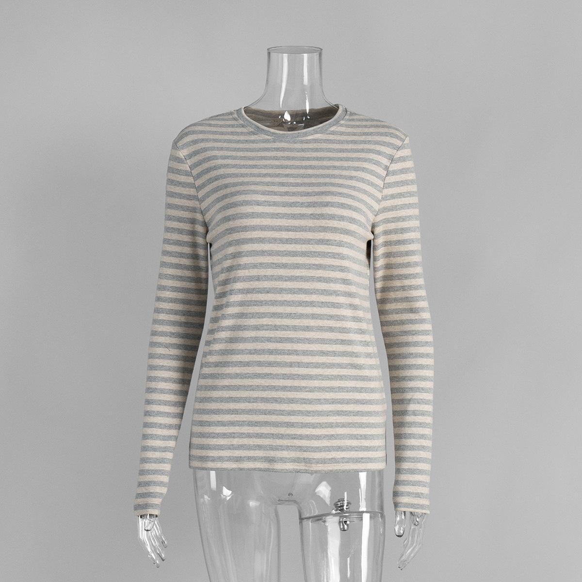 

New striped long-sleeve 2026 commuter slim-fit round-neck base shirt for women, casual T-shirt S светло-серый