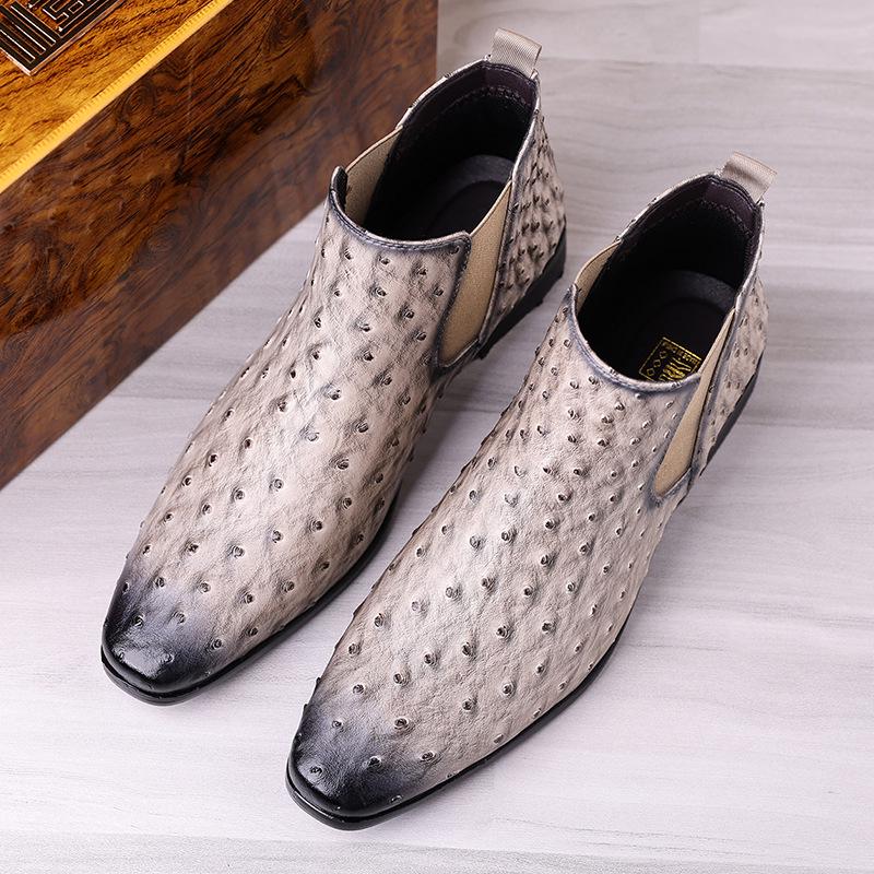 Retro Embroidered Ostrich Pattern Men's Mid-Calf Square Toe Knight Boots, Plus Size 38-48