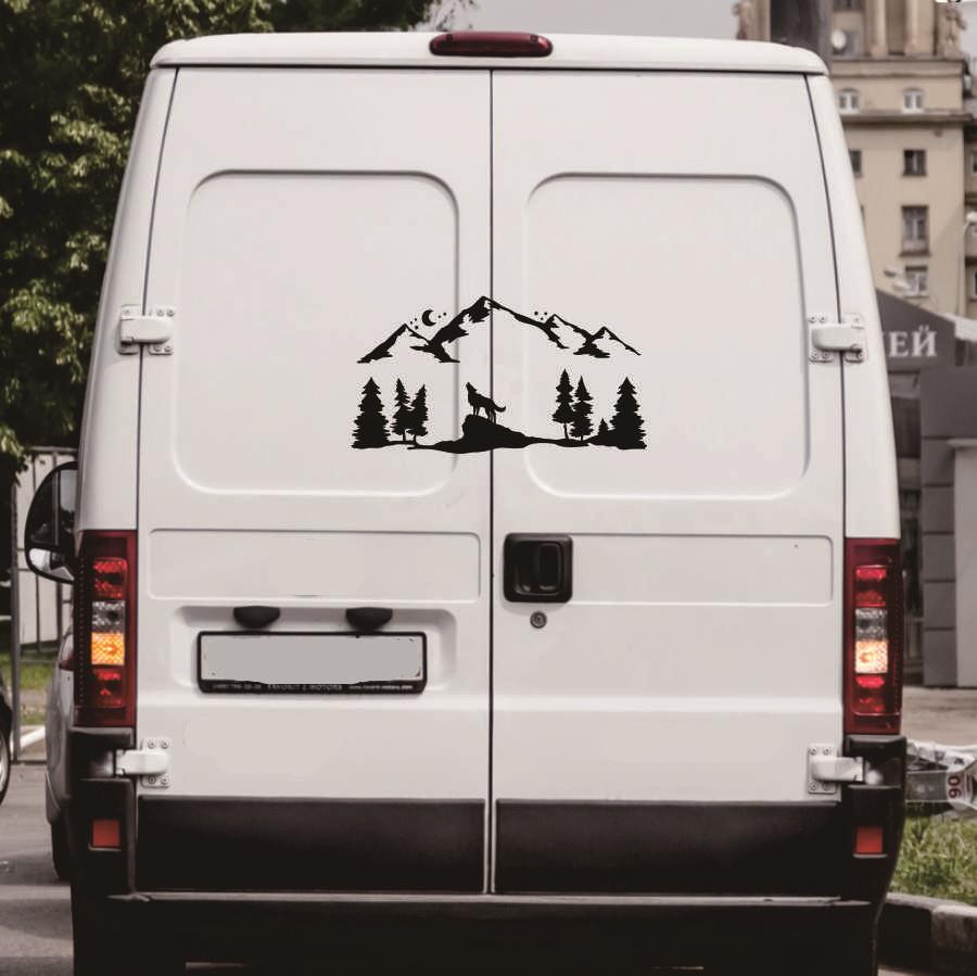 Black Howling Wolf Tree Mountain Moon Star Graphic Sticker For SUV RV Camper Van