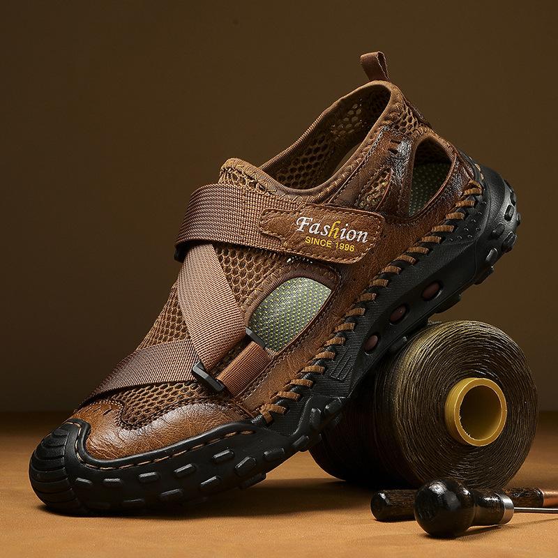 Men s Casual Beach Outdoor Sandals, New Summer Style, Closed-Toe Sandals, Men s Stitched Hollow-Out Breathable Mesh Shoes 38 хаки