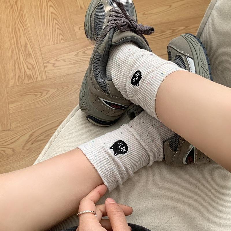 Spring and Summer Dot-yarn Embroidered Cute Dog Cartoon Socks, Women's Mid-calf Pile Socks, Trendy Pure Cotton, Versatile