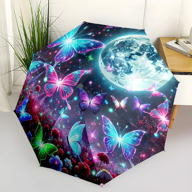 

1pc Fantasy Moonlit Butterfly Garden Umbrella with Plastic Handle,Vibrant Cartoon Pattern,Multi-functional UmbrellaB1960
