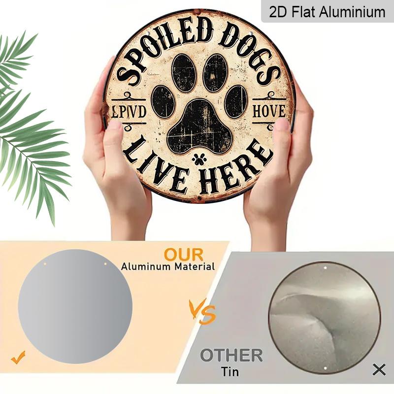 2D Flat 1pc, 8x8 In Round Aluminum Metal Art Logo, Dog Paw Print Slogan Pet Dog Paw Home Decoration Theme, Durable, Pre-Drilled, High Quality