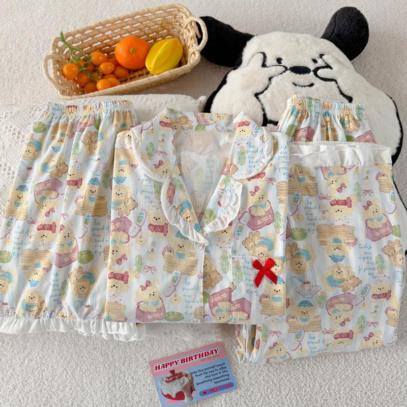 Cartoon puppy sweet casual imitation cotton edge pajamas women's summer short-sleeved three-piece set