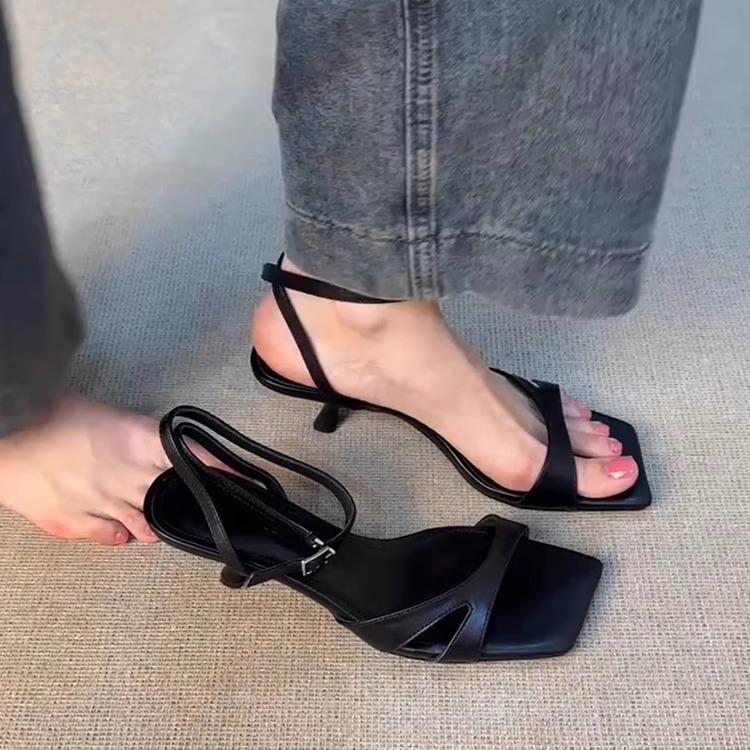 

Sheepskin version~ French simple leather one-word with versatile open-toed sandals women s summer gentle temperament commuter work shoes 40