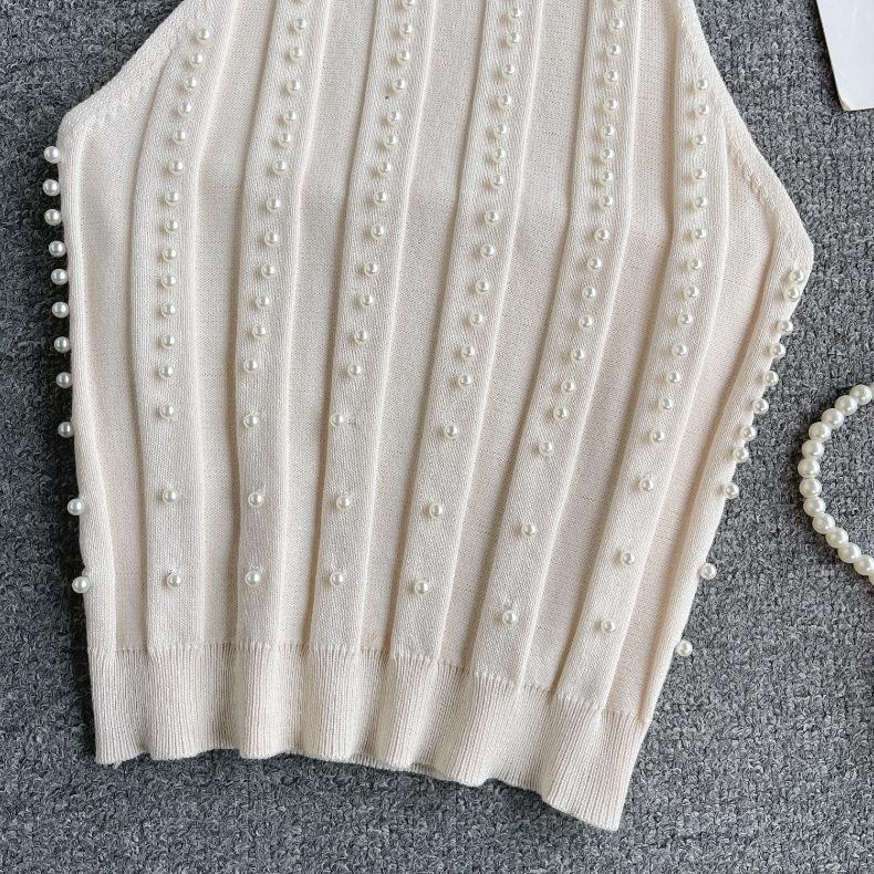 Pure Desire Top Women's Heavy Industry Beads Slim-fitting Short Sexy Off-the-shoulder Neck Sling Vest Women's Versatile Knitted Sweater Tide