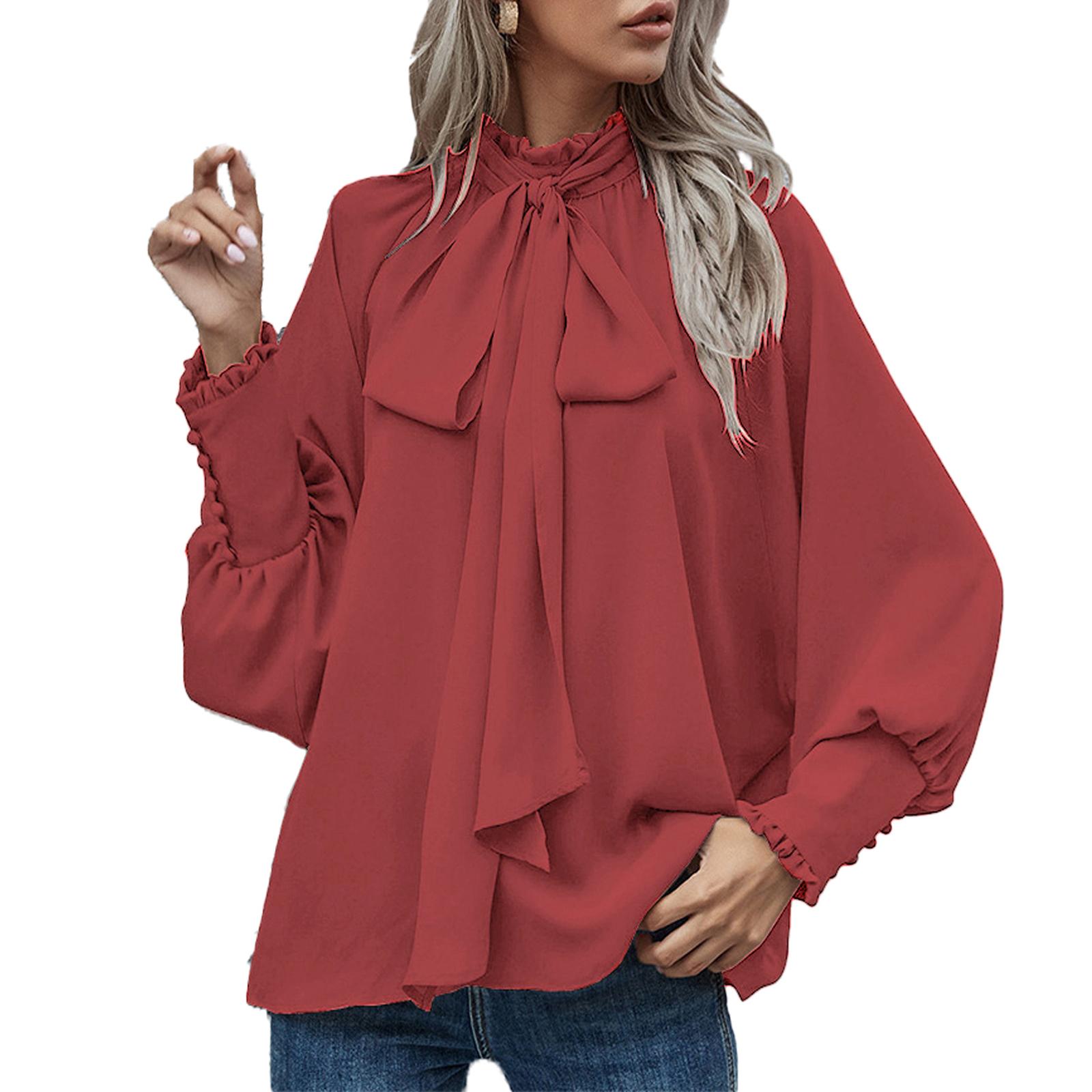 

Женская свободная удобная повседневная и модная рубашка с круглым вырезом, завязками-бантами и пуговицами, с длинным рукавом XL арбуз красный