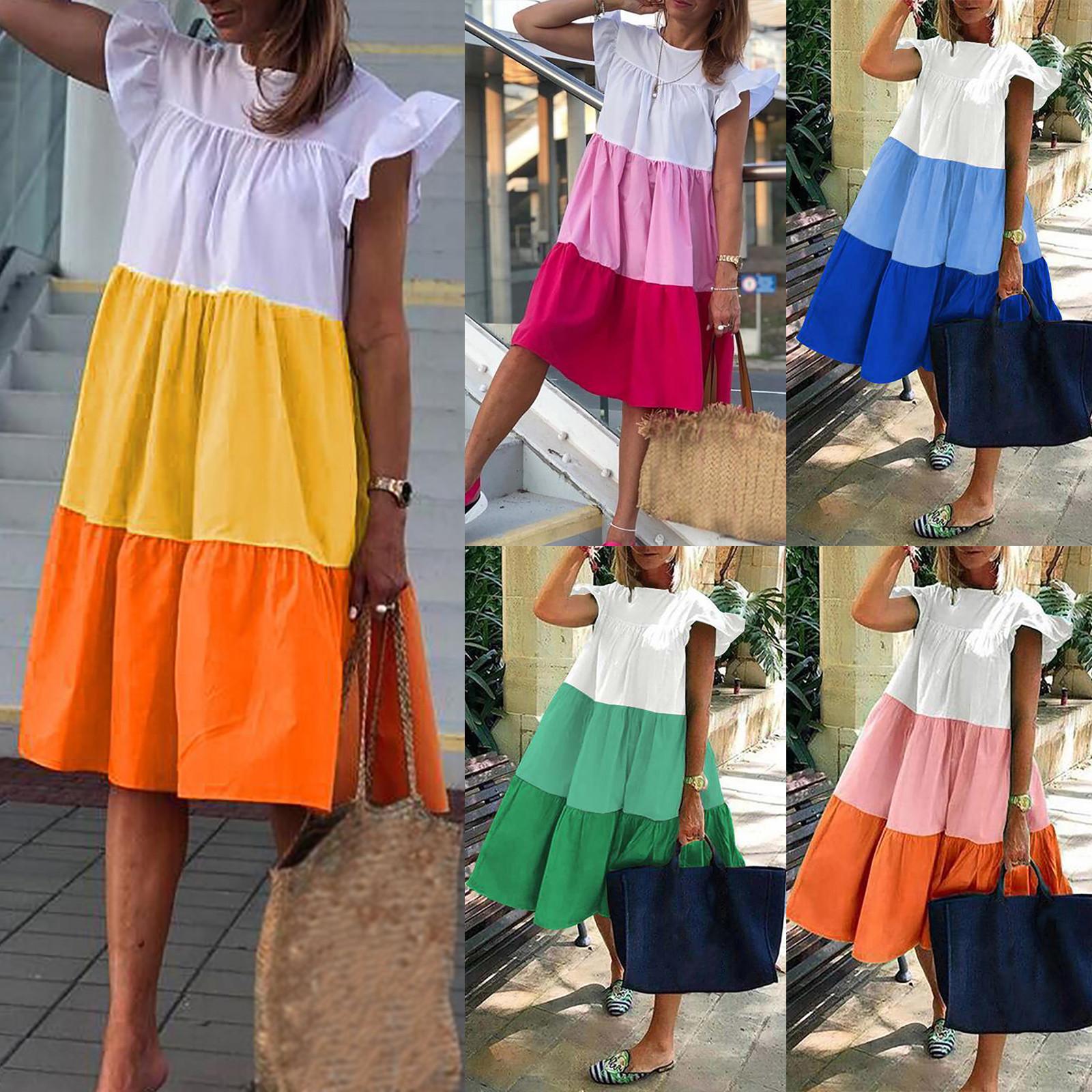 

Женское летнее трехцветное платье трапециевидной формы без рукавов с контрастной строчкой