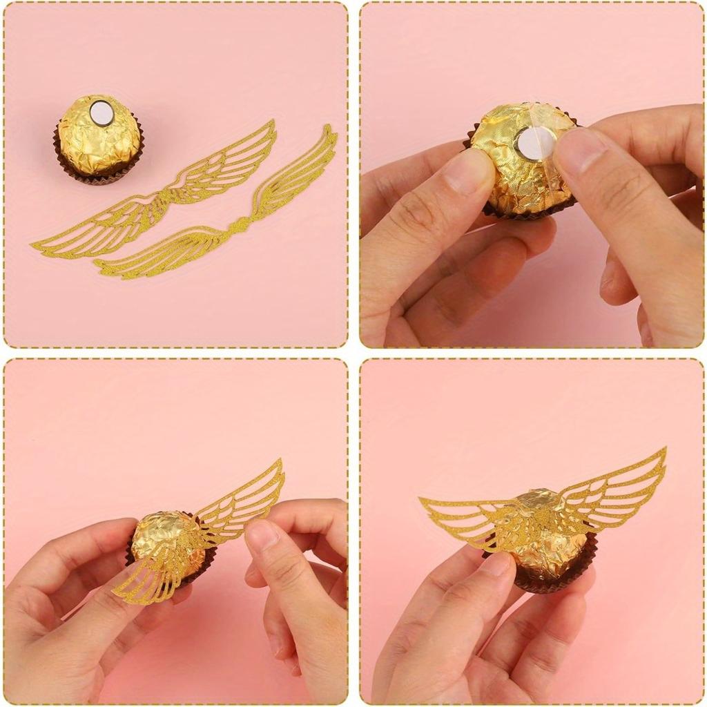 50pcs Golden Glitter Wings Chocolate Toppers with Packaging Snitch Wing Designs for Wizard Party Decorations Perfect for Cake Topper Decorations