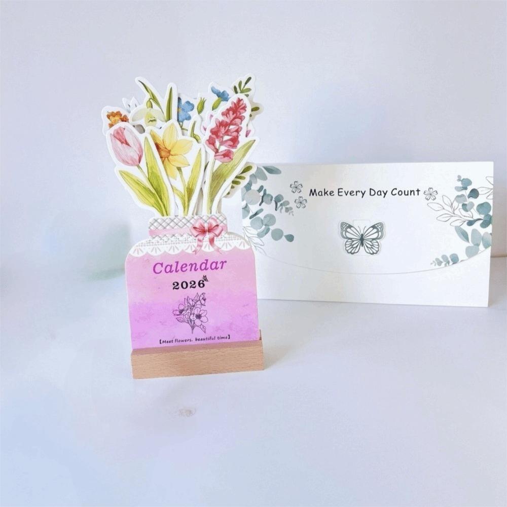 Paper Craft Mini Desk Calendar Wooden Stand Vase-Like Calendar Standing Desk Calendar  Office