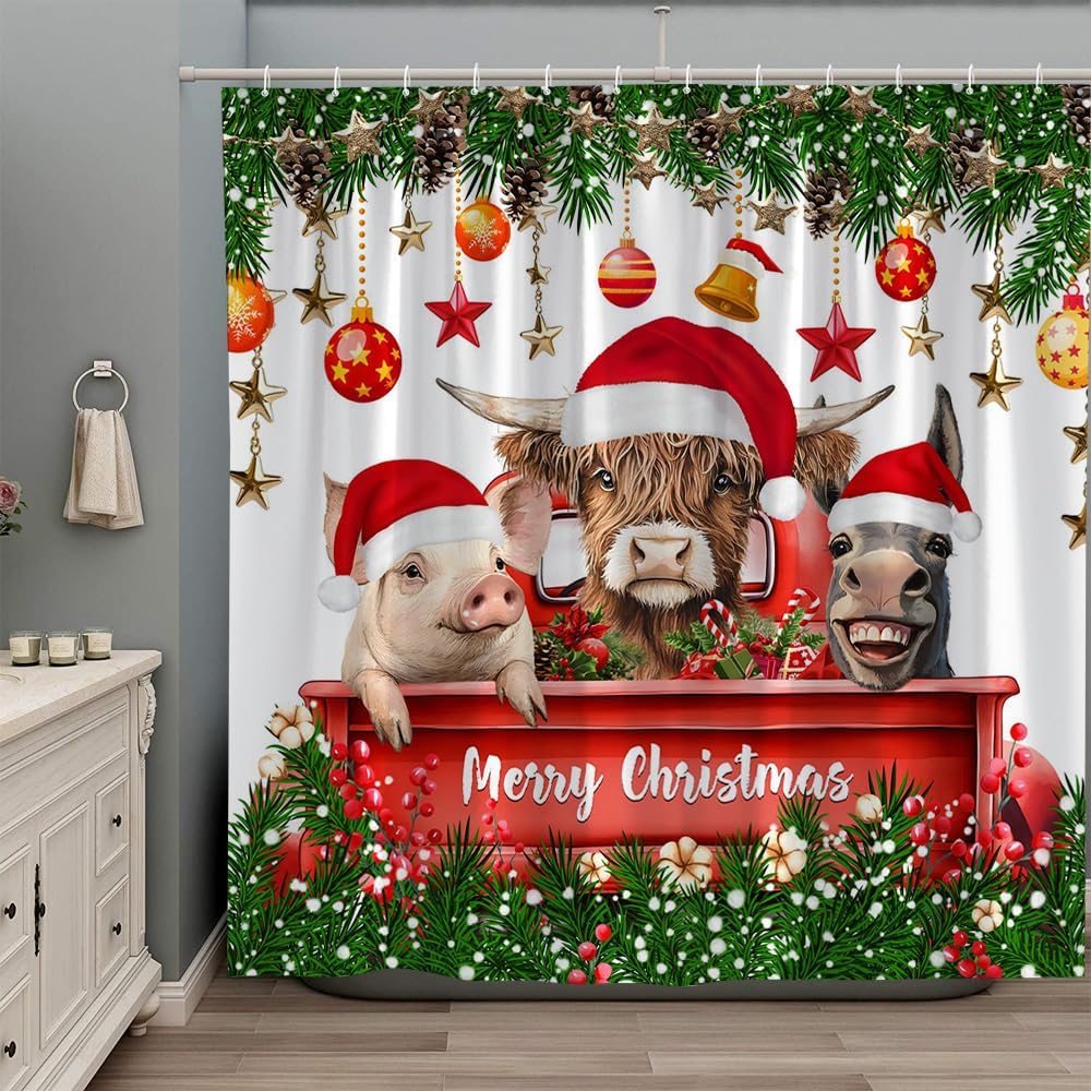 Funny Christmas Shower Curtain Cute Highland Cow Pig Donkey Red Truck Farm Calf Cattle Xmas Ball Pine Tree Western Animals