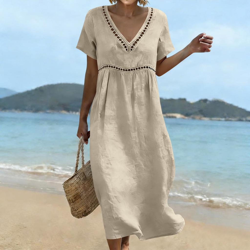 Women’s Summer V Neck Short Sleeve Cotton Linen Dress Hollow Lace Trim Loose Fit Midi Casual Dress for Daily Wear