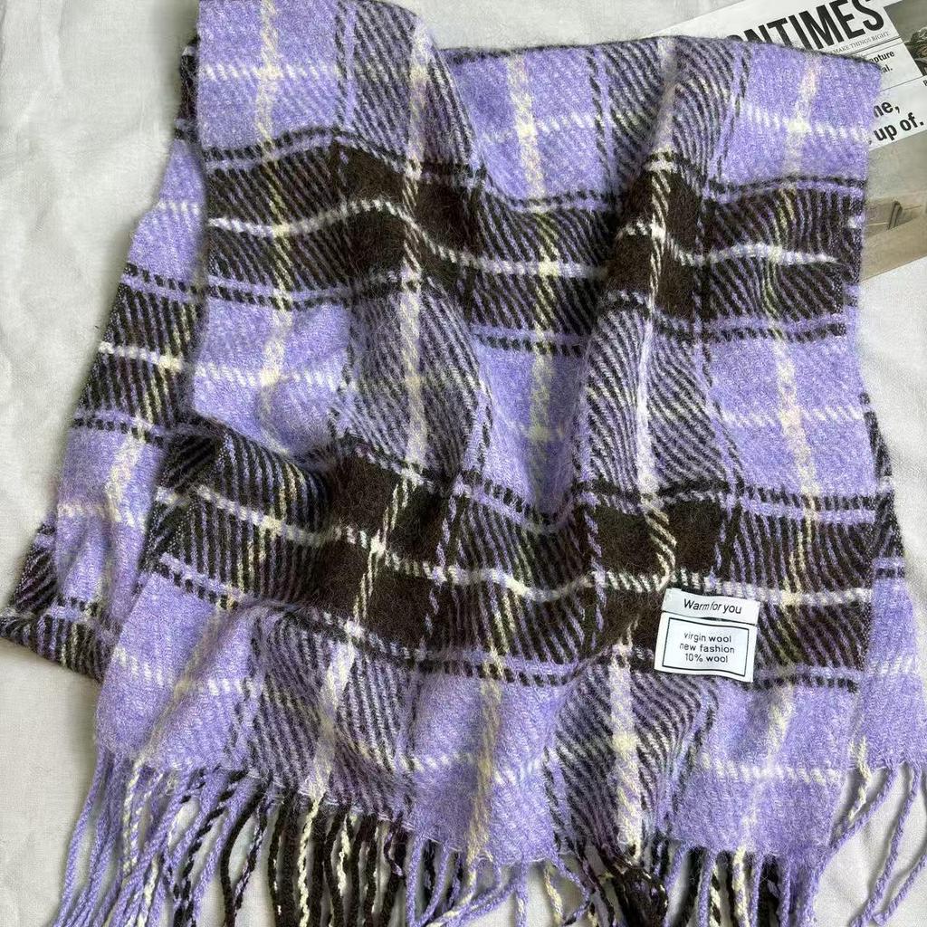 Women's Wool Blend Plaid Tassel Scarf - Warm, Thick, Versatile Korean-Style Shawl for Autumn/Winter