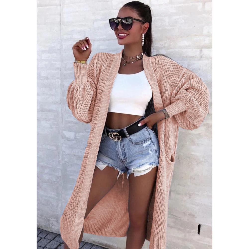 Chun-needle Knitted Sweater for Autumn and Winter Women's Outerwear, Solid Color Large-sized Long Pocket Cardigan Coat