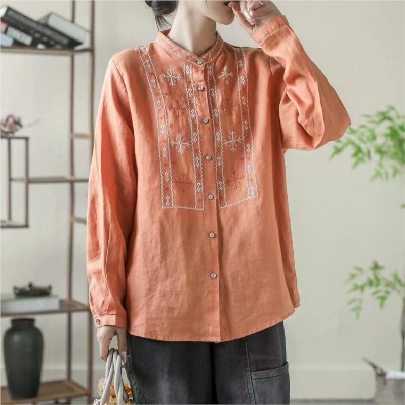 Johnature Cămașă vintage cu broderie de nișă de toamnă pentru femeie, cămașă cu mâneci lungi, cu un singur piept.