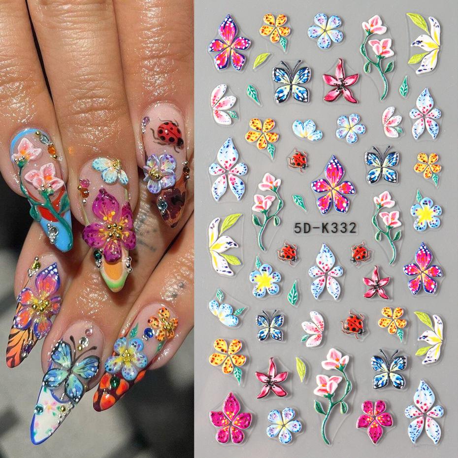 Nail Art Sticker, Relief 5D Three-Dimensional Flower Flower Butterfly Adhesive Sticker Nail Art Sticker