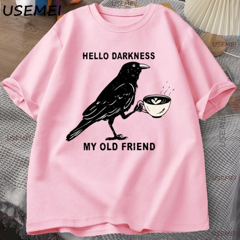 Raven Crow Coffee T-Shirt Halloween Fall Tshirts Women Men Oversized T Shirt Coffee Lover Casual Unisex Tshirt Men s Clothing M розовый 1770₽