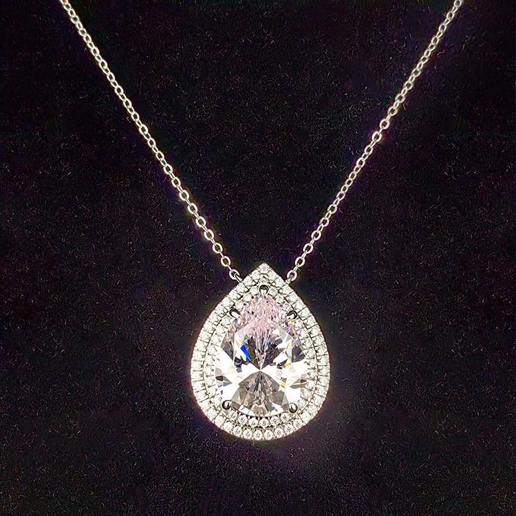 Fine Jewelry Rhodium Plated Elegant Aura 925 Sterling Silver Pear Teardrop Water Drop Pink 5A Zircon Pendant Necklace for Women