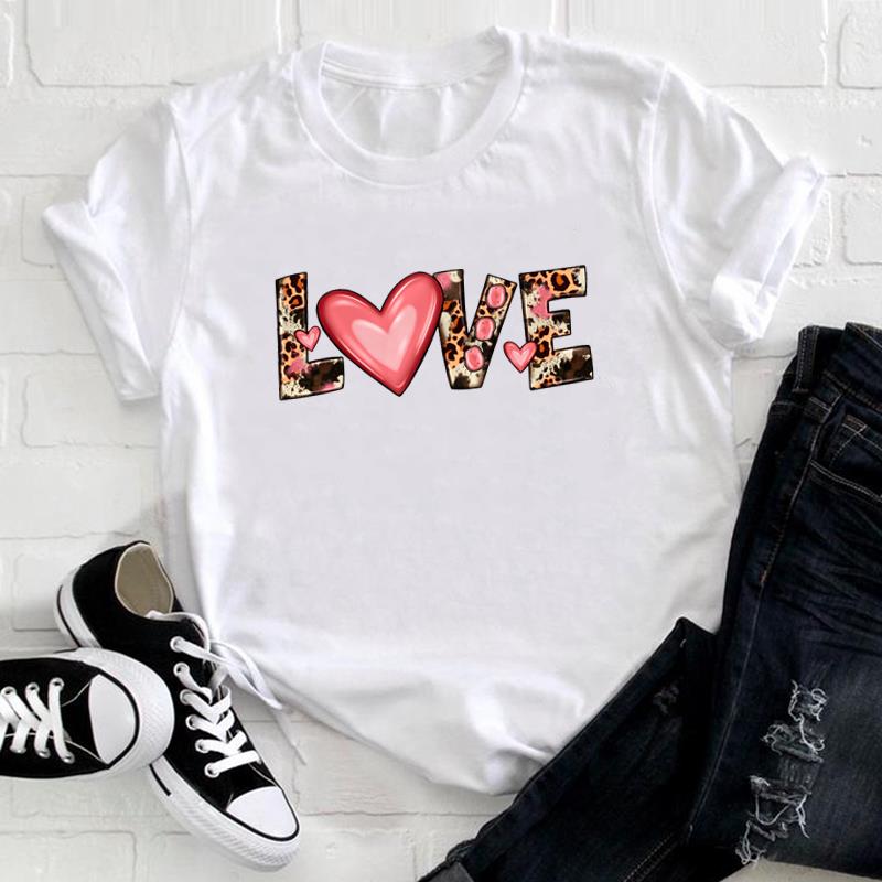 (European Size) Cute Sweet Tee Top Fashion T Leopard Love Heart Trend Shirt Women Print Lady Female  Clothing Casual Short Sleeve Graphic T-shirt