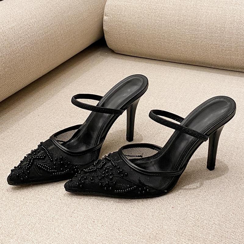 Fashion Eilyken Street Style Design Embroidery Mesh  Women Pumps Slippers Sexy Thin High Heels Pointed Toe Party Prom Shoes