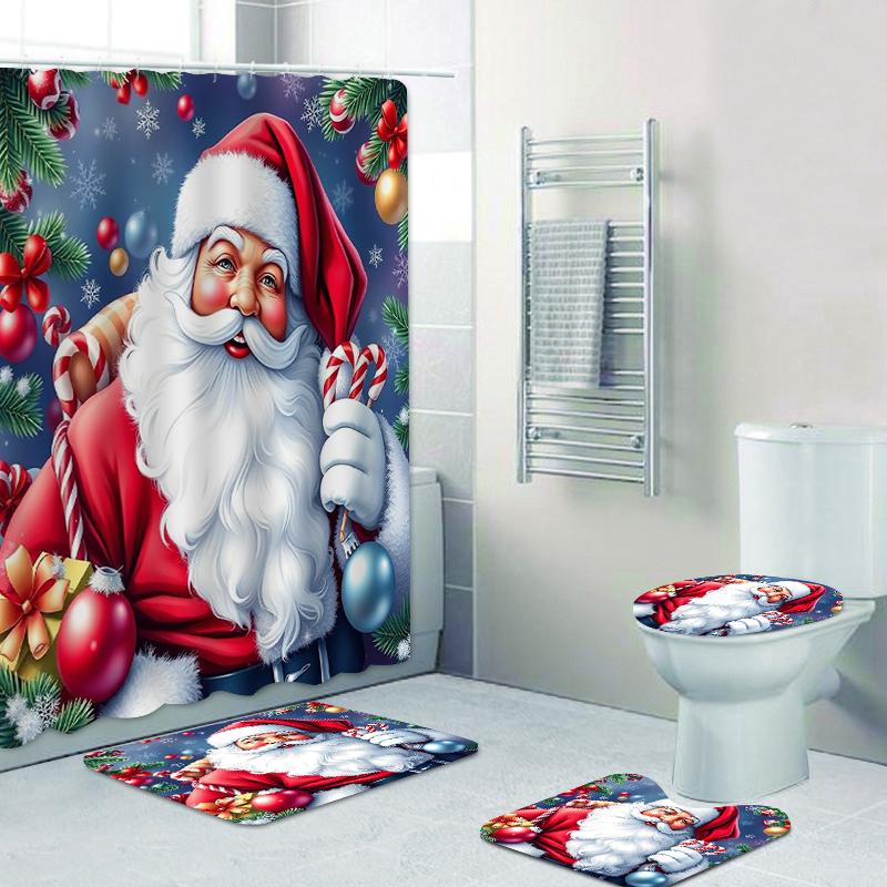 Merry Christmas Santa Claus Shower Curtain Bath Sets Non-Slip Bathroom Rug Toilet U With 12 Hooks bathroom decor and accessories
