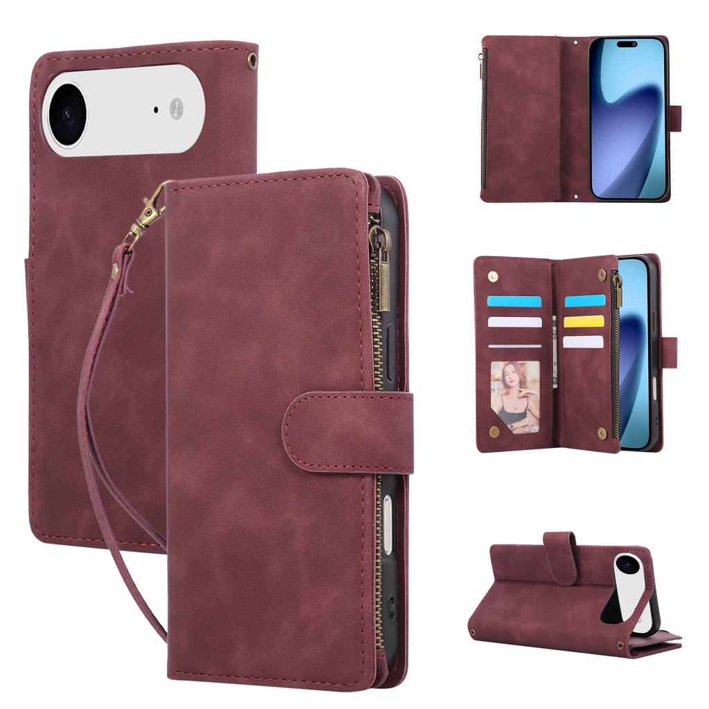 For iPhone 17 Air Case Zipper Wallet Multiple Card Slots Leather Phone Cover with Wrist Strap