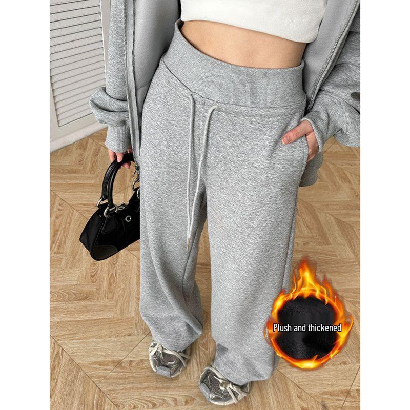 Women's High-Waisted Wide-Leg Fleece-Lined Sweatpants: Autumn/Spring Slimming, Loose, Casual American Style with Drawstring.