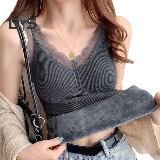 

Женский терможилет с кружевной отделкой, с подкладкой из плюша, с V-образным вырезом, без рукавов, однотонный, облегающий, эластичный, с нагрудными подушечками, многослойный топ-майка для женщин XL серый