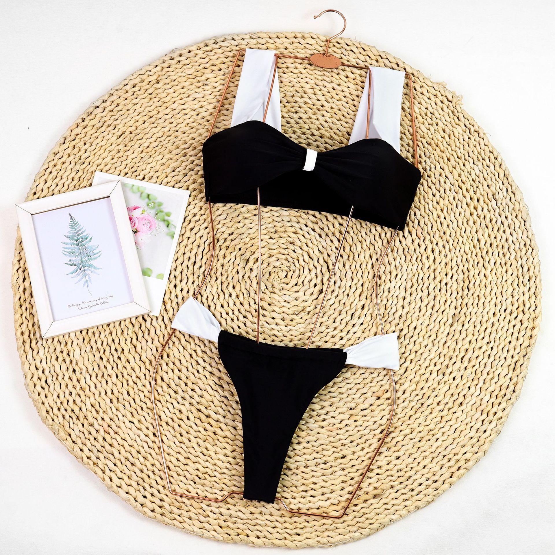 Splicing three-point bikini small-breasted swimsuit gathering split tube top women s bikini XS