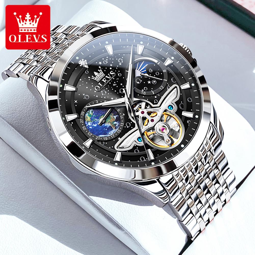 OLEVS 6705 Luxury Man Watch Fashion Skeleton Flywheel Moon Phase Starry Sky Original Automatic Mechanical Wrist Watches for Men