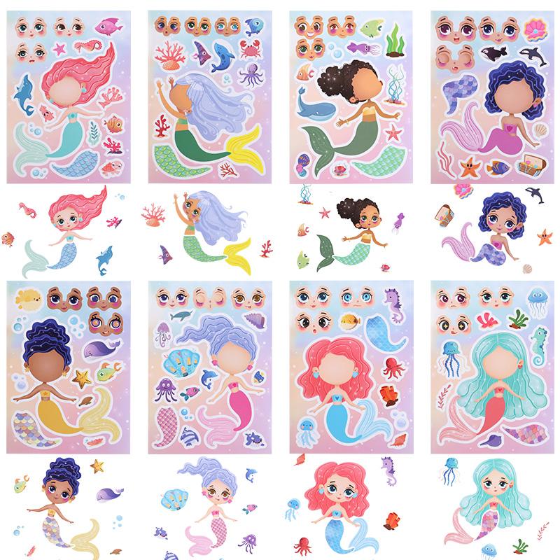 8Sheets Make Your Own Mermaid Stickers For Kids Funny Make a Face Jigsaw Children Girls Puzzle Sticker DIY Games Party Favor