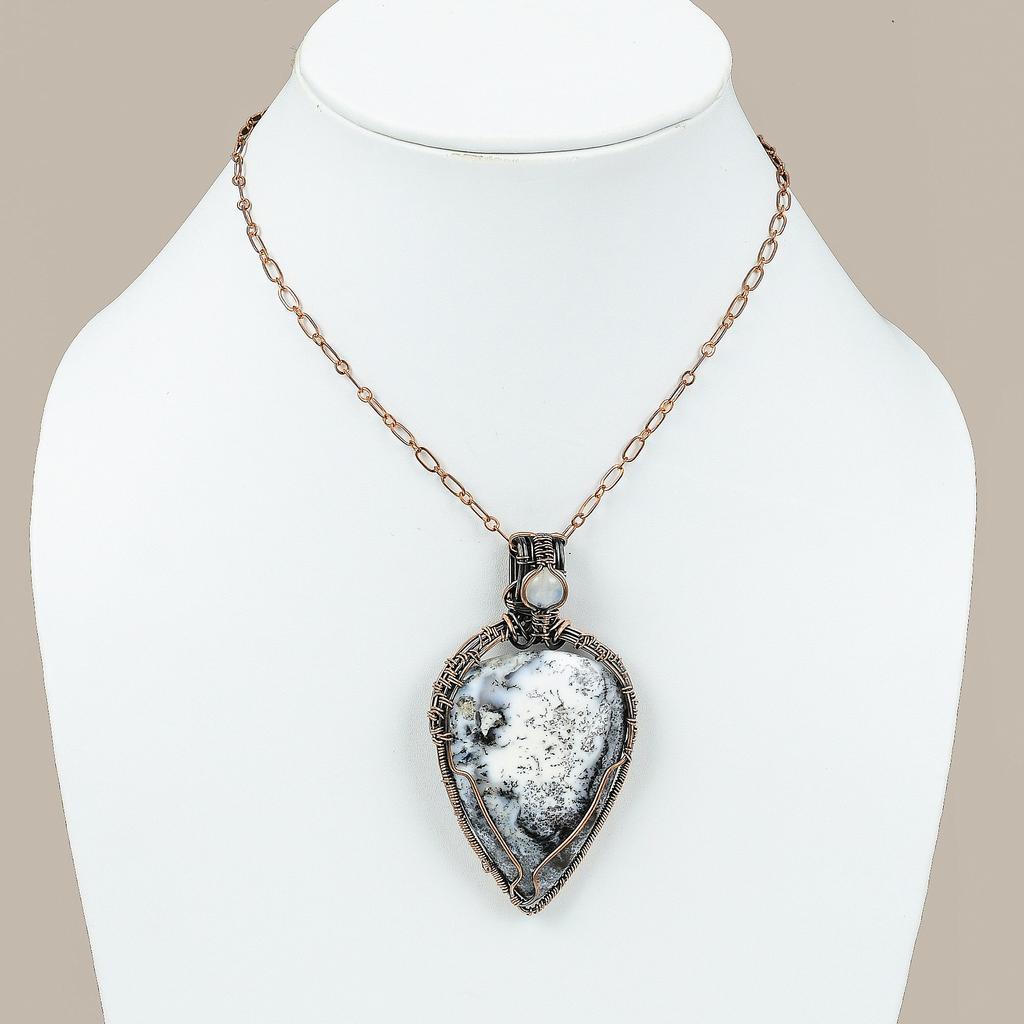 Natural dendrite opal, Moonstone Gemstone Copper Wire Wrap Pendant 2.95" D8E21