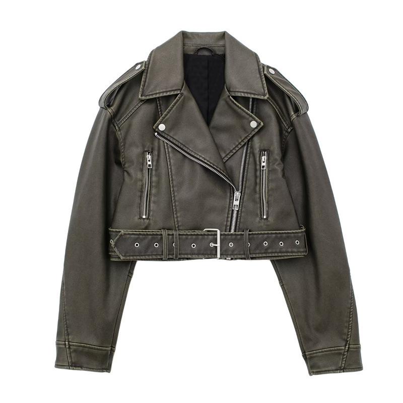 Giacca da Donna Bicolore Distressed in Ecopelle PU con Revers, Taglio Ampio, Stile Europeo e Americano, 2025