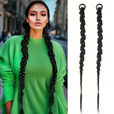 2pcs Synthetic Long Straight Ponytail Wig Extension Elastic Twisted Braid Ponytail Wig For Women Cosplay And Daily Wear
