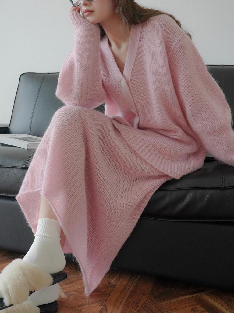 Louvre Spódnica A-line z dzianiny moherowej w stylu koreańskim - Lekka, puszysta, długa spódnica z wysokim stanem dla kobiet