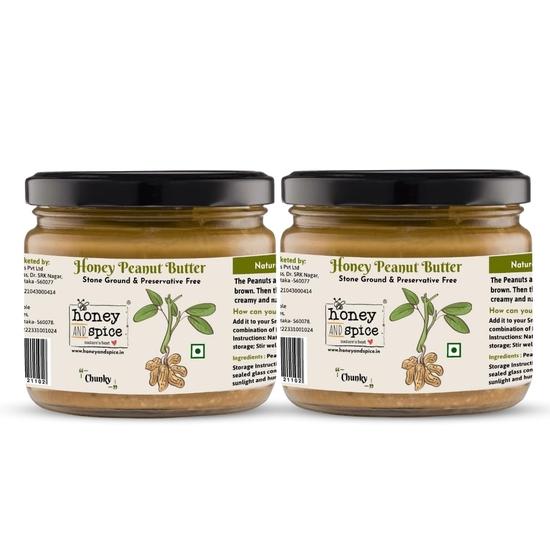 Мед и специи Крупная арахисовая паста | 26 г белка | Чистая, сырая | Вкусная и полезная ореховая паста | Арахис ручной обжарки | (350 г, Упаковка из 2 штук)